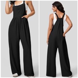 Halara Black Adjustable Waffle Plicated Overalls Jumpsuit